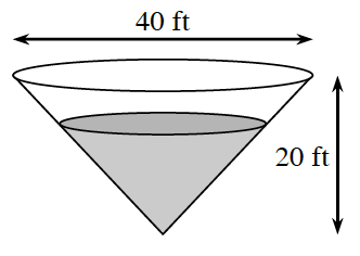 Cone, with vertex on bottom, distance across top base labeled, 40 feet, distance from vertex to top base labeled, 20 feet, a circle placed parallel to top base, divides the interior of the cone into 2 regions, with the region between the circle and vertex shaded.